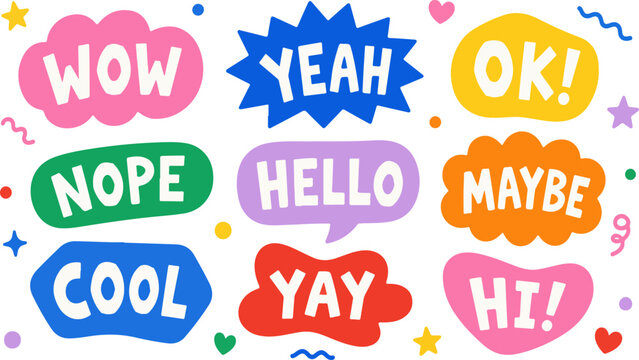 A collection of vibrant, hand-drawn style speech bubbles featuring short, positive words like WOW, YEAH, OK, NOPE, HELLO, MAYBE, COOL, YAY, and HI.