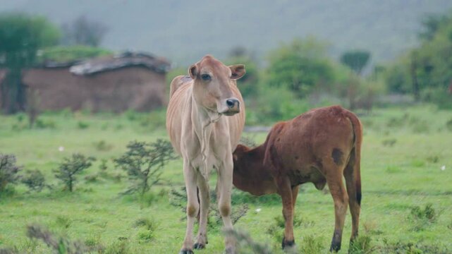 Close up documentary footage of a calf suckling from a thin zebu cow in the early morning mist in a Maasai village in Maasai Mara Kenya. Rural pastoral life, livestock and survival after drought.