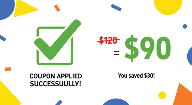 Discount coupon applied successfully on a colorful promotional flyer with confetti