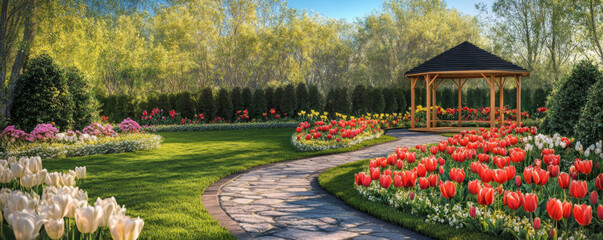 Obraz premium Beautiful Garden with Gazebo and Blooming Spring Flowers