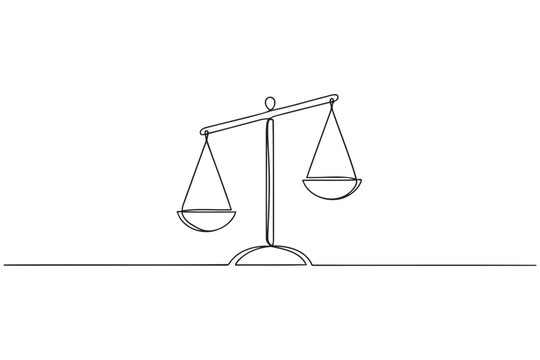 Minimalist continuous line art of uneven scales of justice with unbalanced fairness judgment minimalist continuous illustration attorney litigation courtroom decision imbalance injustice