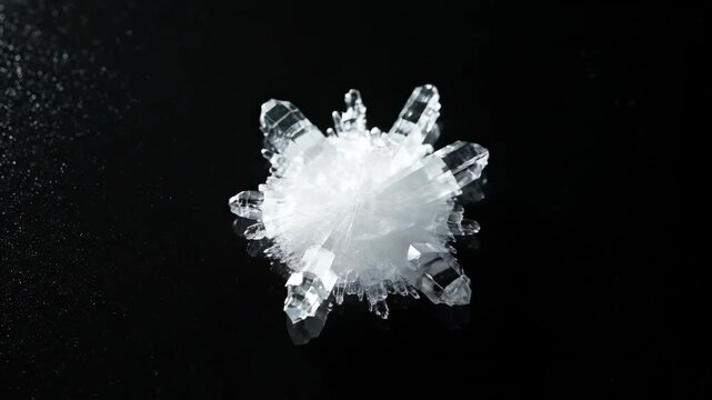 Close-up of a delicate, intricate snowflake-like crystal formation on a dark background