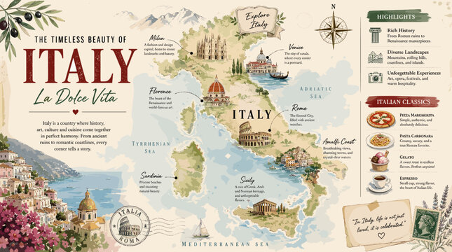 A watercolor map of Italy showcasing "La Dolce Vita" with iconic landmarks, cities, and culinary delights, inviting exploration of its timeless beauty.