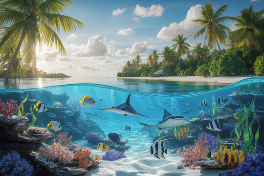 Tropical ocean paradise with diverse marine life and palm trees under a cloudy sky