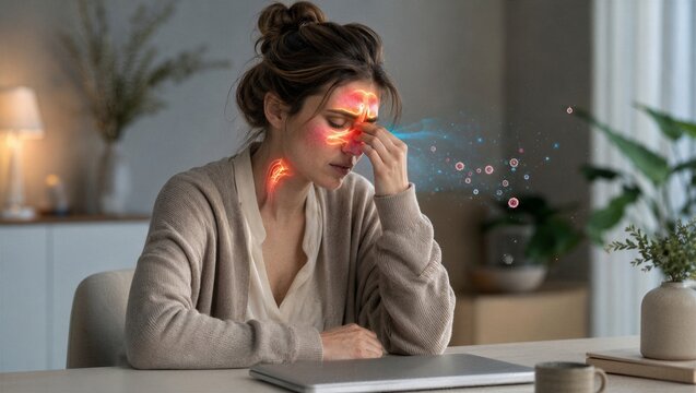 Woman suffering from sinus pain and nasal congestion. Sick girl with head ache touching bridge of nose. Medical illustration of viral infection, cough and inflammation of respiratory system.