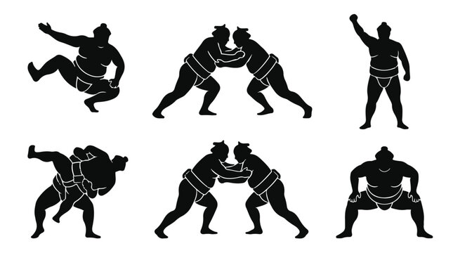 Collection of sumo wrestler silhouettes in various fighting poses