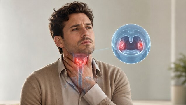 Man suffering from sore throat touching neck with holographic visualization of inflamed tonsils. Medical concept of tonsillitis and respiratory health diagnosis in modern clinic.