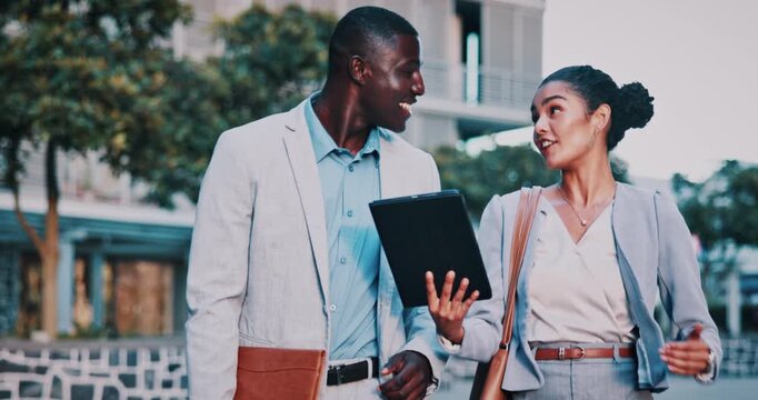 Business people, team and talking in city with tablet for real estate listing, advice or project. Tech, conversation and workers in town for meeting, development idea or walk for property review