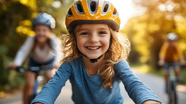 Smiling little girl wearing yellow safety helmet riding bicycle outdoor in sunny park recreation