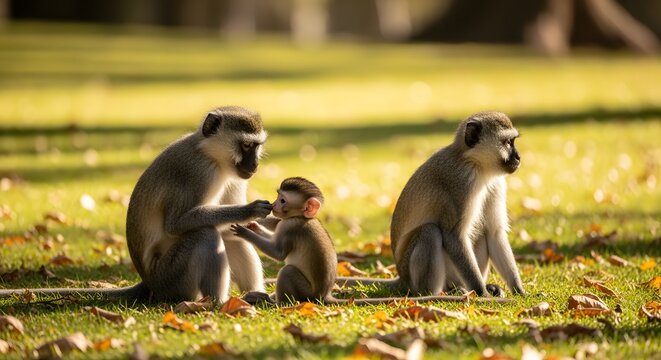 Three monkeys sitting on grass with fallen leaves