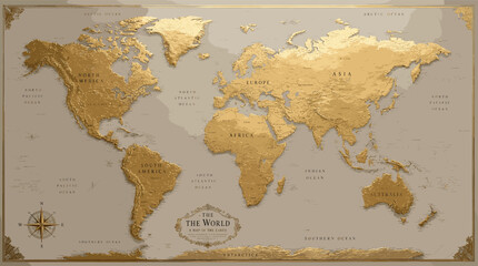 A detailed world map with gold embossed continents on a neutral background, featuring a compass rose and decorative borders. © megulung