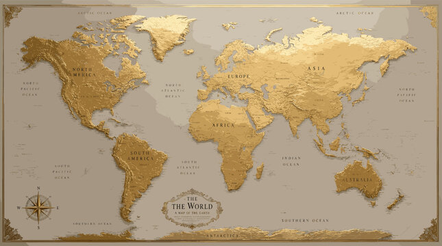 A detailed world map with gold embossed continents on a neutral background, featuring a compass rose and decorative borders.