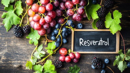 Obraz premium Fresh Grapes and Berries with Resveratrol Sign on Chalkboard