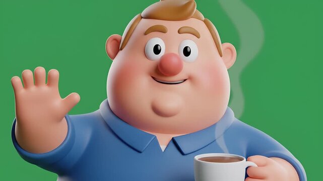 3 d animated cartoon character of a cheerful chubby man holding a steaming cup and waving