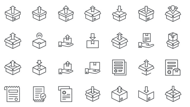 Logistics and Shipping Line Icon Set Featuring Delivery Boxes, Export Import Arrows, and Order Documentation