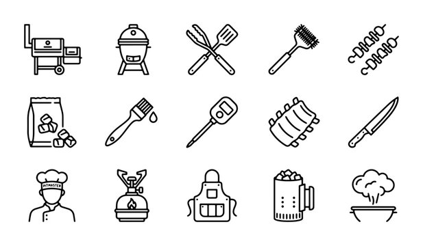 Barbecue Grill Icons Set, BBQ Tools & Food Vector Graphics, Outdoor Cooking Equipment Collection