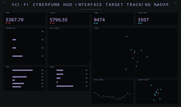 Neon blue cyberpunk tech hud dashboard layout with digital medical data vector illustration