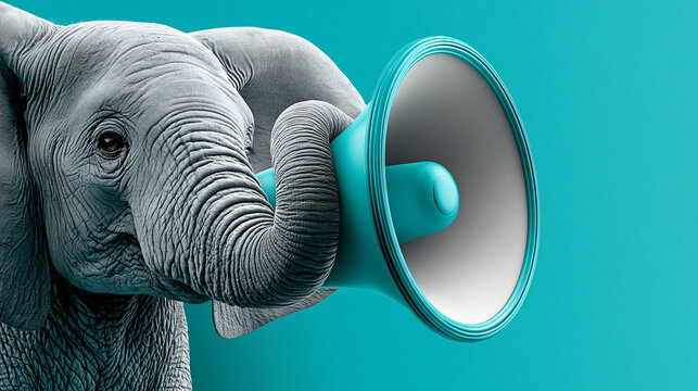 Ein niedlicher 3D-Cartoon-Elefant h&auml;lt ein Megafon auf t&uuml;rkisfarbenem Hintergrund und symbolisiert Kommunikation und Ank&uuml;ndigung