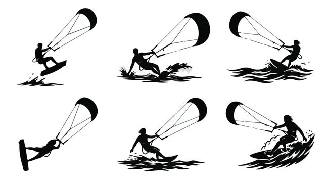 Black silhouettes of people parasailing or kite-boarding and surfing on the water
