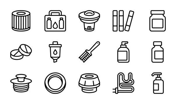 Spa and Pool Maintenance Icons: Filter, Tablets, Pump Parts, Cleaning Tools, Sanitizer Bottles