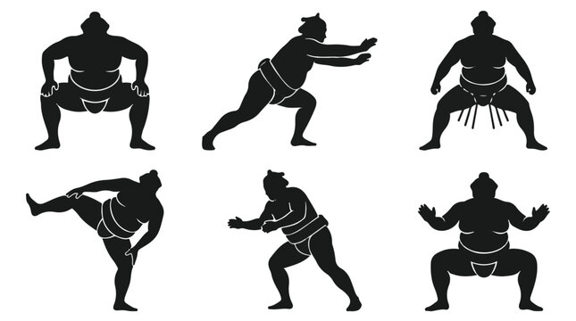 Collection of sumo wrestler silhouettes in various fighting poses
