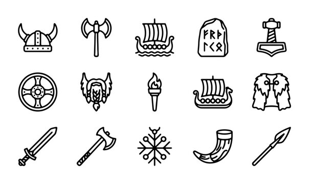 Viking Icons Set, Norse Mythology Symbols, Medieval Warrior Elements, Scandinavian History Graphics