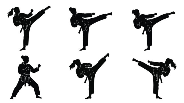 Silhouette of women in various karate poses
