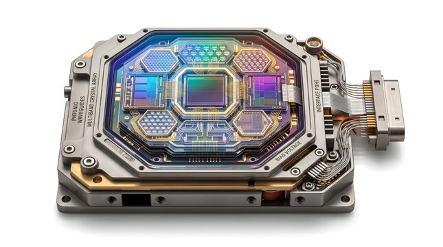 Rainbow Iridescent Photonic Waveguide Processor with Multiband Crystal Array Isolated on White Background