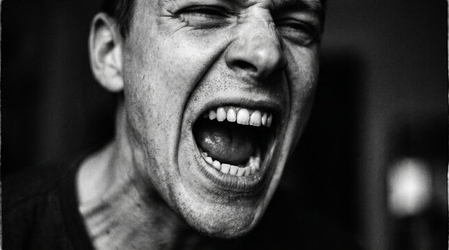 Close up portrait of a young man screaming with intense raw emotion captured in a dramatic high contrast black and white photograph highlighting his facial features and very expressive eyes