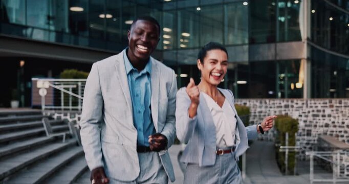Business people, high five and dancing on stairs in city, success or happy for stock market increase. Wealth manager, laugh and celebration with colleague on steps, rhythm and excited for achievement