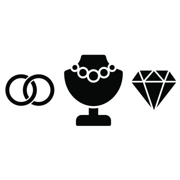 Jewelry icon set with wedding rings, necklace mannequin stand, and diamond vector