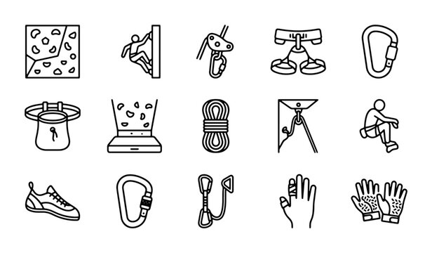Rock Climbing Gear Icons Set, Outdoor Adventure Equipment Vector Collection, Sport and Activity Symbols