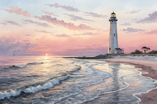 Watercolor painting of seaside lighthouse during sunset, calm ocean waves, dreamy coastal atmosphere