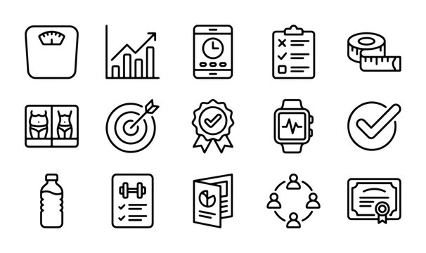 Health and Fitness Icons: Weight Scale, Progress Chart, Smartwatch, Checklist, Tape Measure
