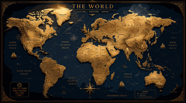 A richly detailed, antique-style world map with a textured, golden landmass against a deep blue, star-speckled background, featuring prominent country names and ocean labels.