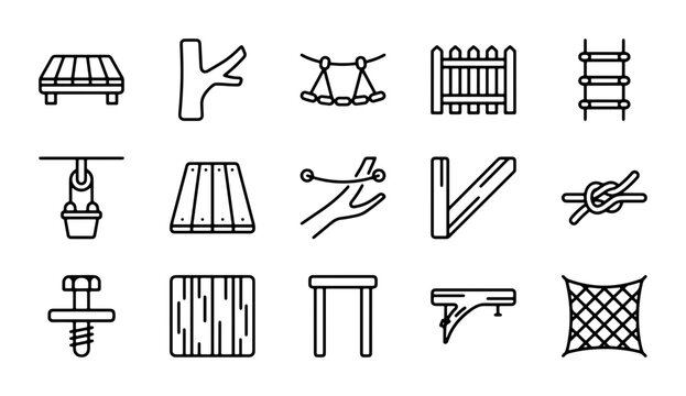 Adventure Park Elements Vector Icons, Outdoor Recreation Equipment, Climbing Structures, Rope Course Components