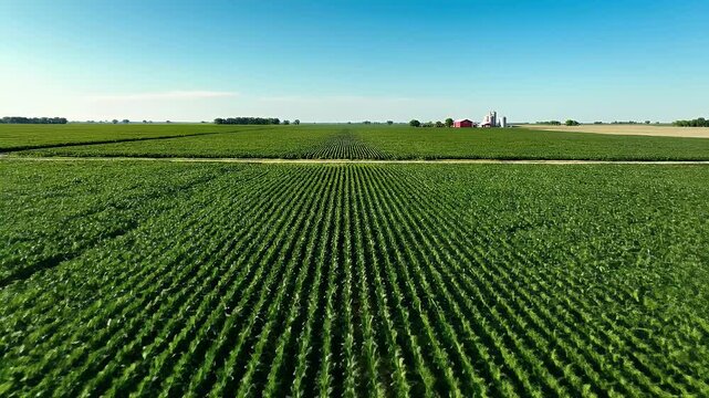 Expansive green fields under a clear blue sky with distant farm buildings and silos