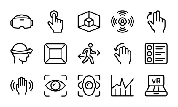 Virtual Reality Icons Set, VR Headset, User Interaction, Future Technology, Digital Experience