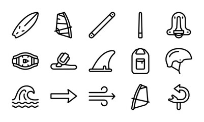 Windsurfing Icons Set, Water Sports Equipment Vector Graphics, Surfing Gear Collection, Outdoor Activity Symbols © Rafiqur