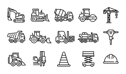 Construction Equipment Icons Set, Heavy Machinery Vector Graphics, Industrial Vehicles Line Art Collection © Rafiqur