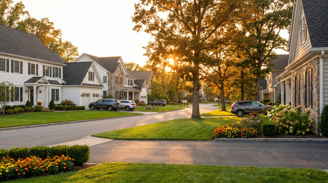 Quiet suburban neighborhood street with modern homes at sunset