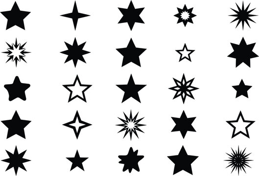 Black star and shapes on white background, star shapes black stars