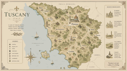 Naklejka premium A beautifully illustrated map of Tuscany, Italy, highlighting major cities, landmarks, and geographical features, with a decorative border and inset illustrations.