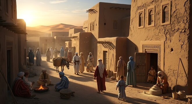 Ancient desert village at sunset with people in traditional robes and a donkey carrying goods