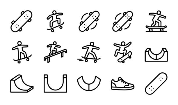 Skateboard Icons Set: Action Figures, Tricks, Ramps, and Shoes Vector Graphics