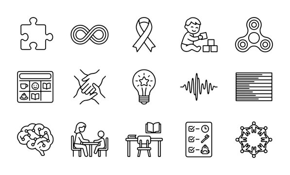 Autism Awareness Icons Set: Puzzle, Infinity, Ribbon, Child, Fidget Spinner, Brain, Therapy