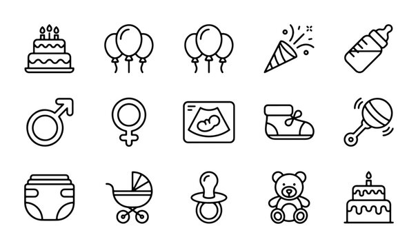 Baby Shower Icons Set, Newborn Celebration Graphics, Birthday Party Symbols, Vector Elements