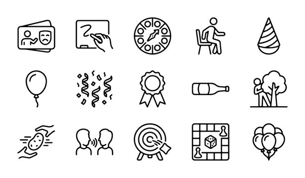 Celebration Icons Set: Party, Games, Awards, Fun, Social Events, Vector Graphics