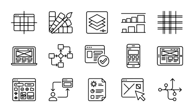 Web Design Icons, UI UX Elements, Wireframe Tools, Workflow Charts, 15 Vector Graphics
