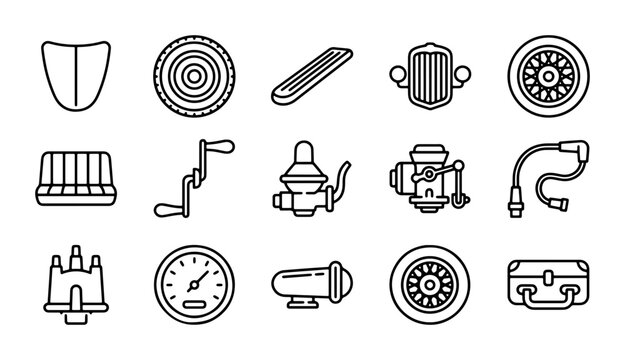 Vintage Auto Parts Icons, Retro Car Components, Classic Vehicle Mechanics, Set of 15 Line Art Vector Elements